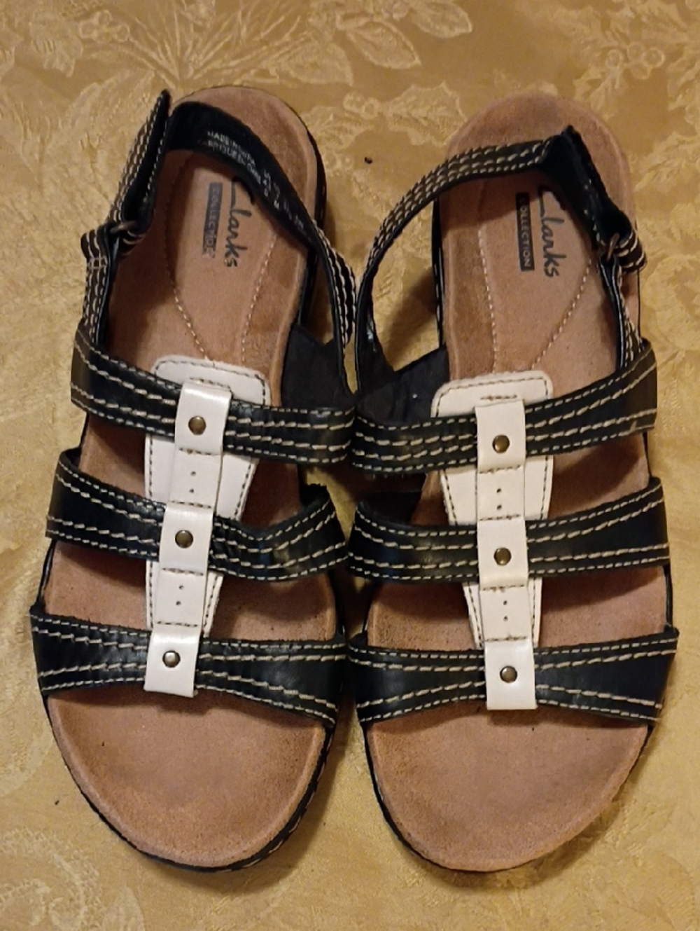 Clarks  Black Leather and White Strappy Sandals Women's Size 7.0